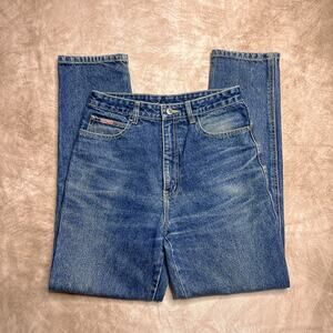 Dahan High Waisted Slim Fit Medium Wash Denim Blue Jeans Embroidered Pocket